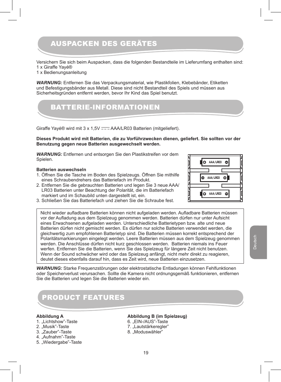 Auspacken des gerätes batterie-informationen, Product features | Lexibook MFB300 User Manual | Page 19 / 26