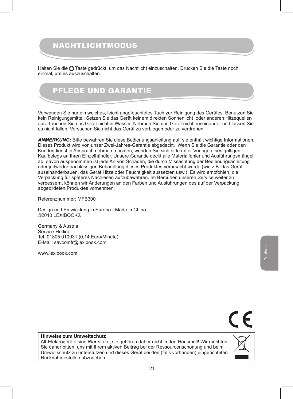 Nachtlichtmodus pflege und garantie | Lexibook MFB300 User Manual | Page 21 / 26