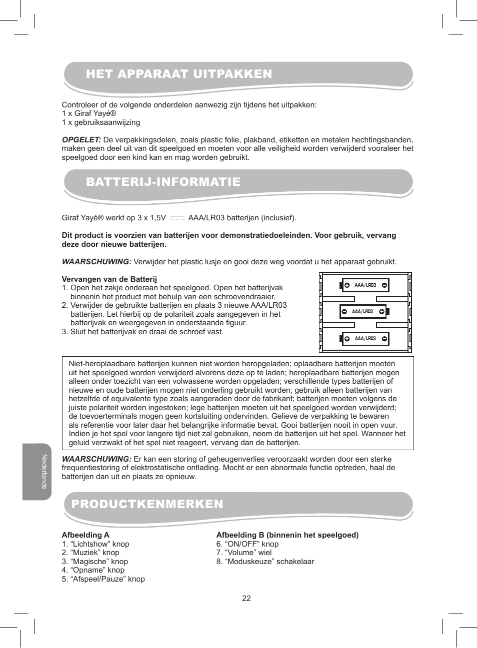 Het apparaat uitpakken batterij-informatie, Productkenmerken | Lexibook MFB300 User Manual | Page 22 / 26