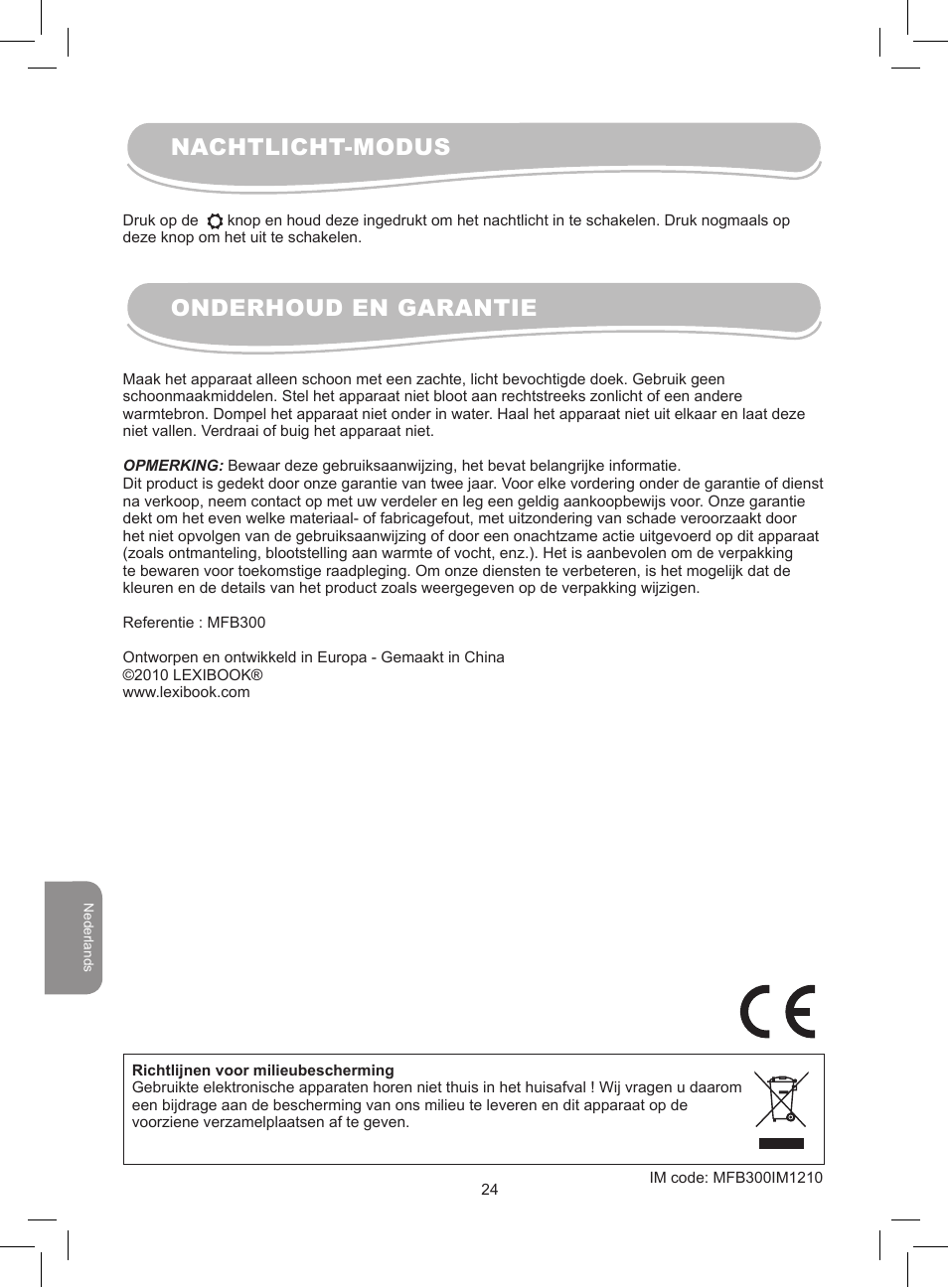 Nachtlicht-modus onderhoud en garantie | Lexibook MFB300 User Manual | Page 24 / 26