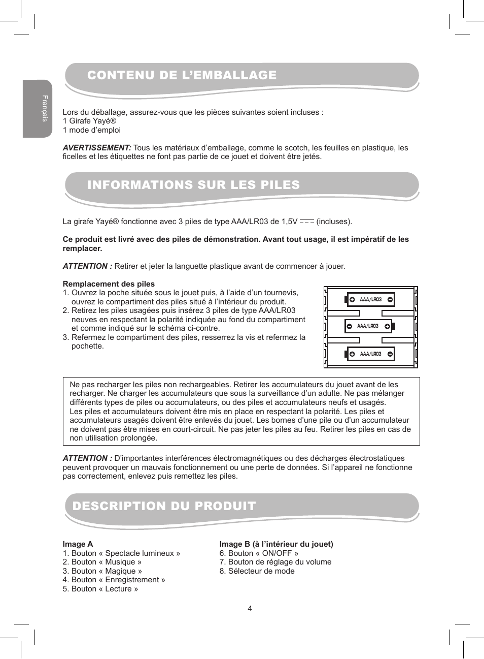 Contenu de l’emballage informations sur les piles, Description du produit | Lexibook MFB300 User Manual | Page 4 / 26