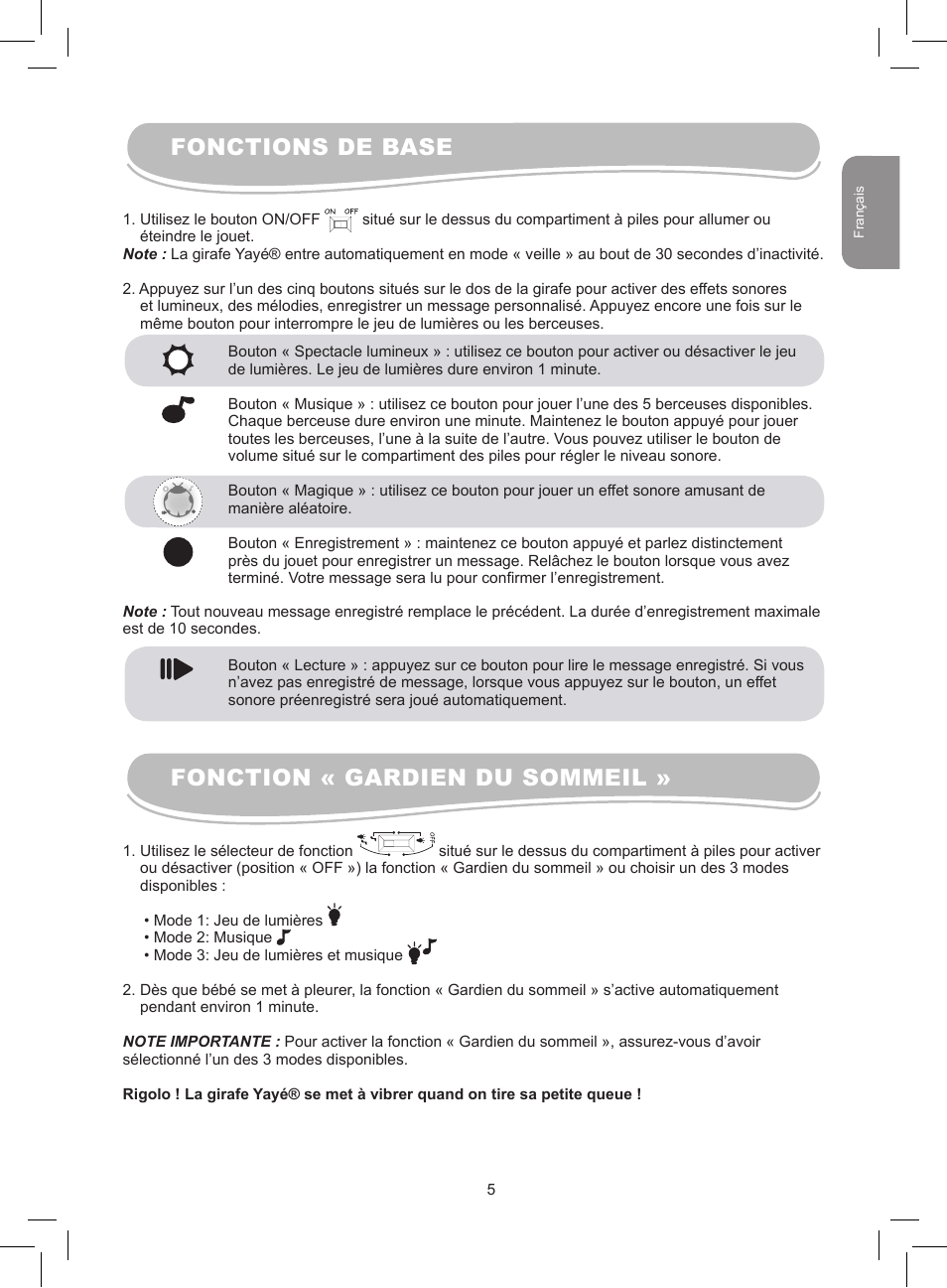 Fonctions de base fonction « gardien du sommeil | Lexibook MFB300 User Manual | Page 5 / 26