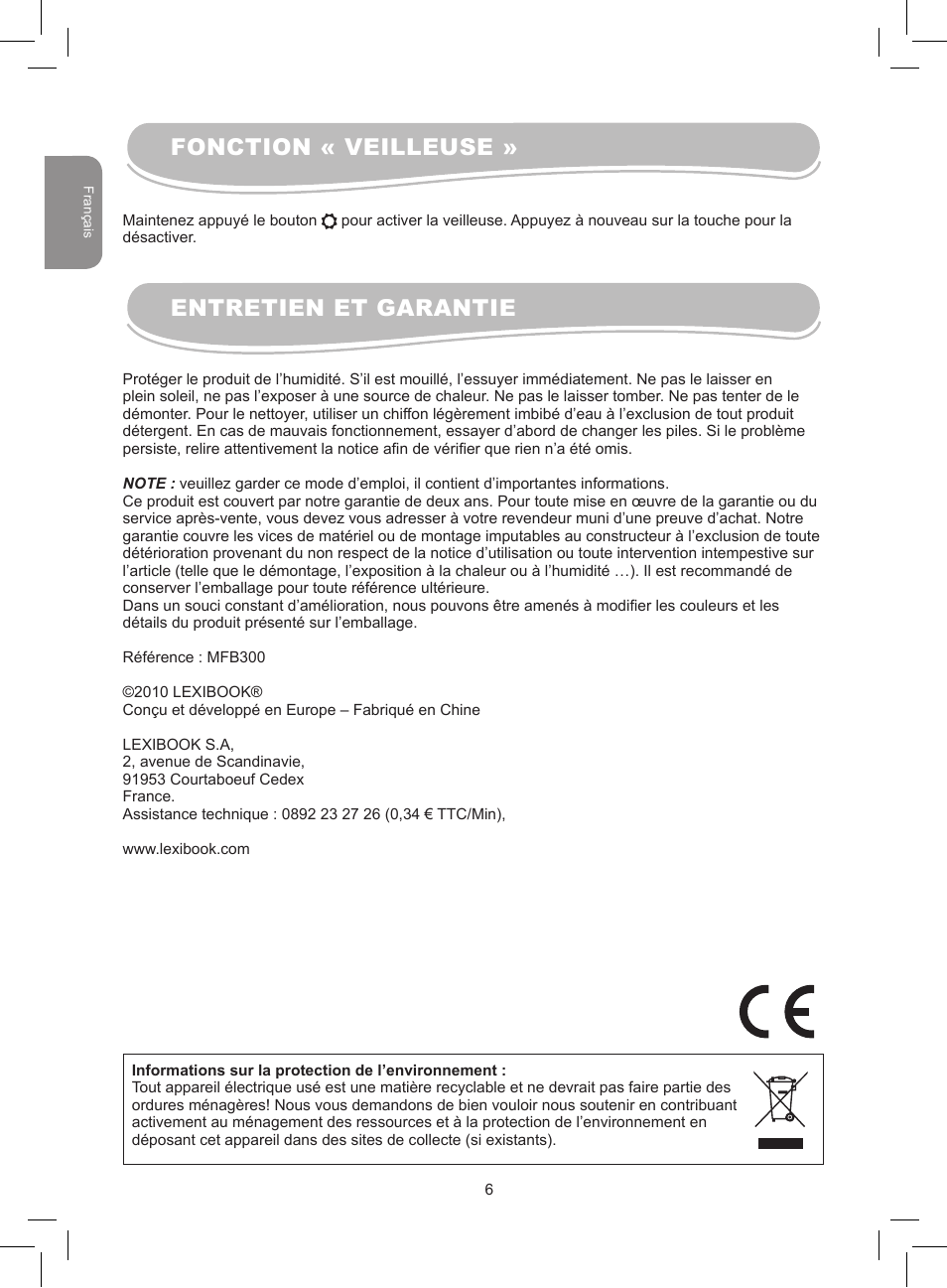 Fonction « veilleuse » entretien et garantie | Lexibook MFB300 User Manual | Page 6 / 26