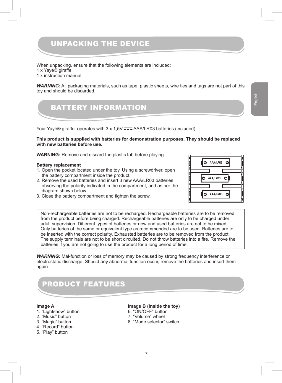Unpacking the device battery information, Product features | Lexibook MFB300 User Manual | Page 7 / 26
