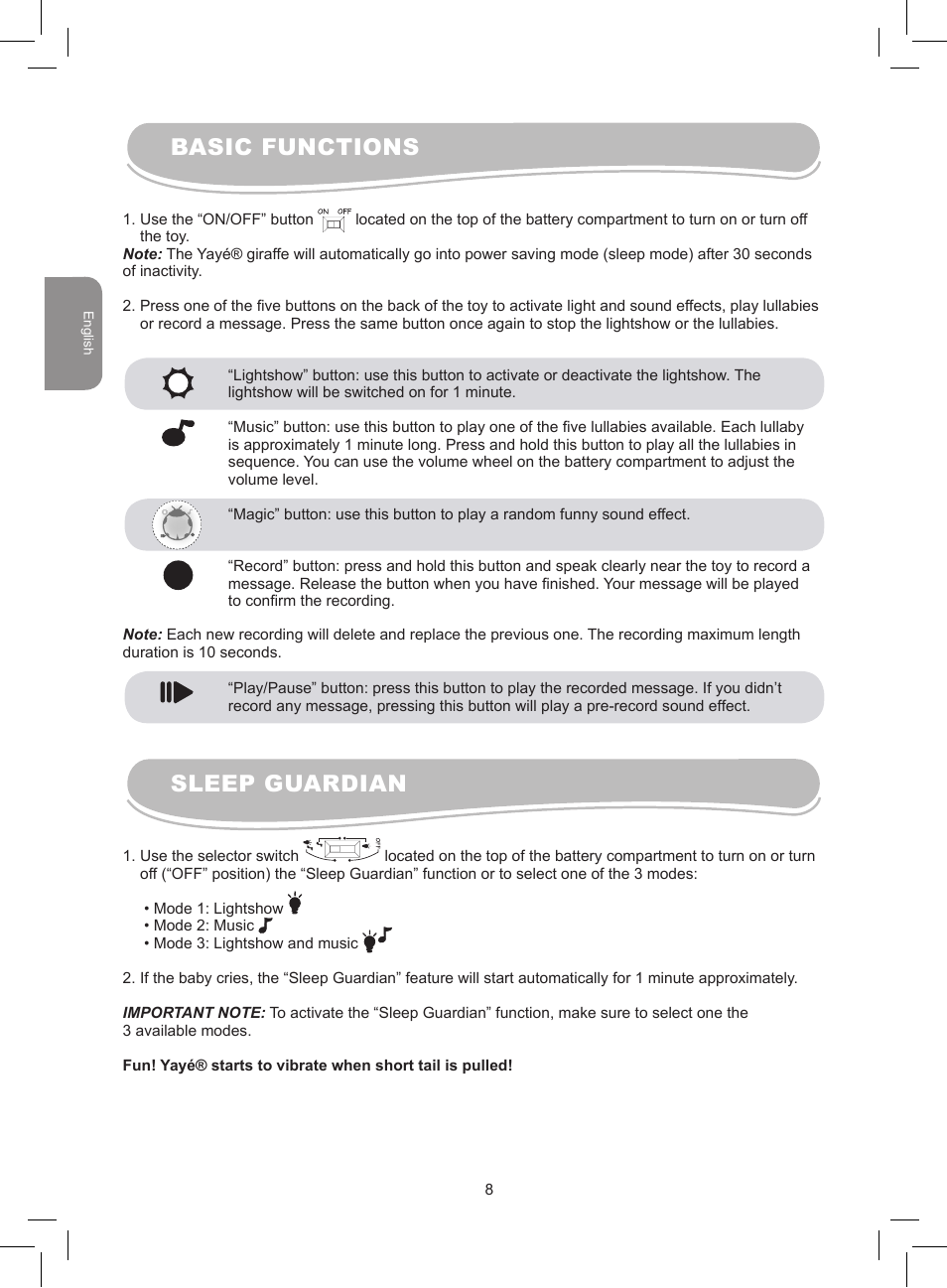 Basic functions sleep guardian | Lexibook MFB300 User Manual | Page 8 / 26