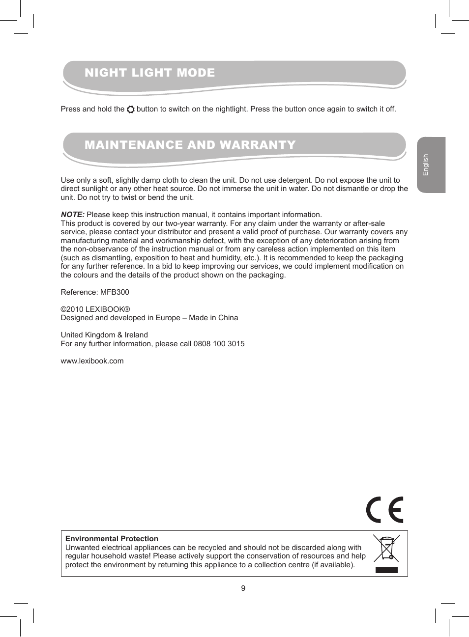 Night light mode maintenance and warranty | Lexibook MFB300 User Manual | Page 9 / 26