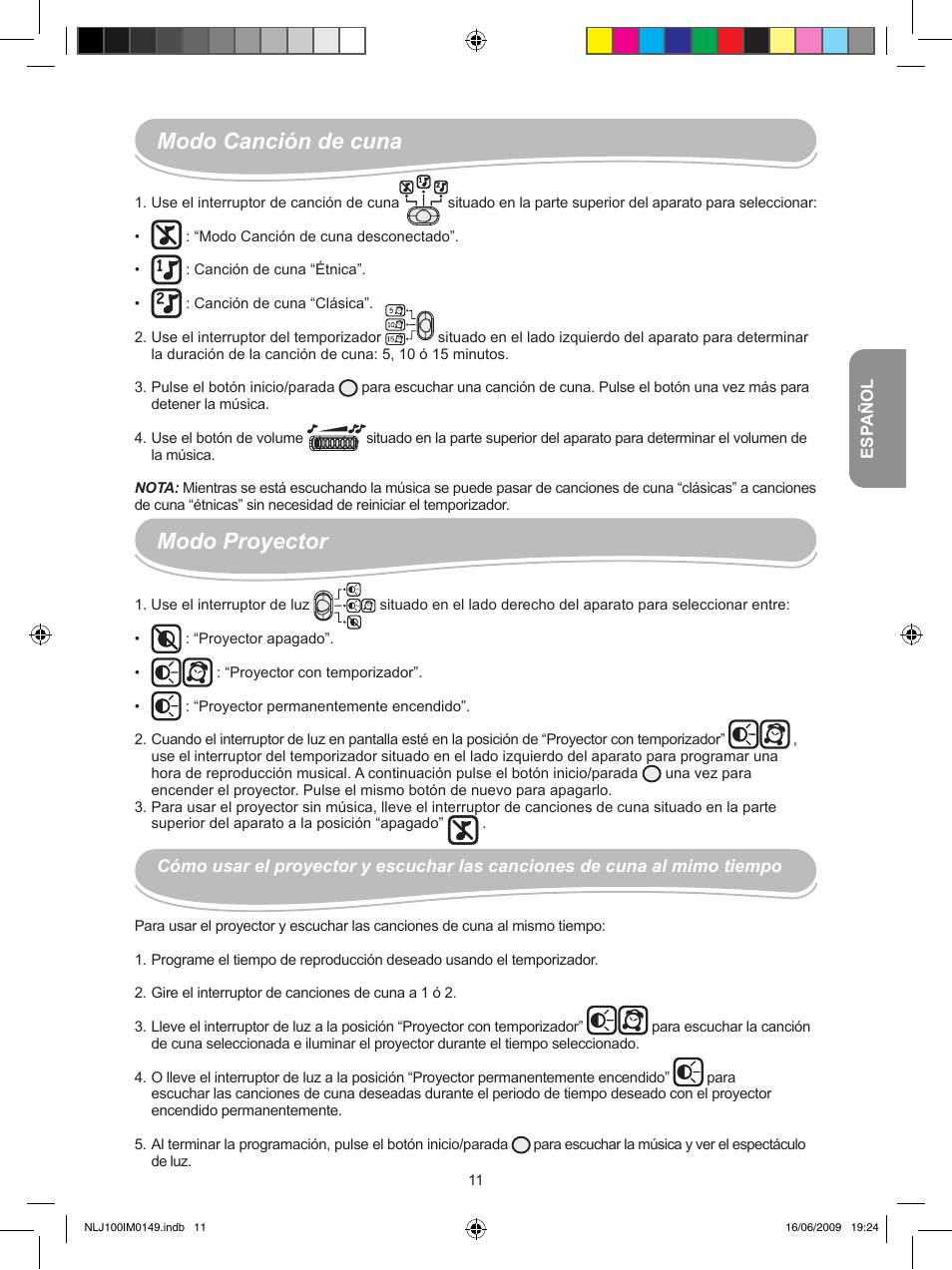 Modo proyector, Modo canción de cuna | Lexibook NLJ100 User Manual | Page 11 / 30