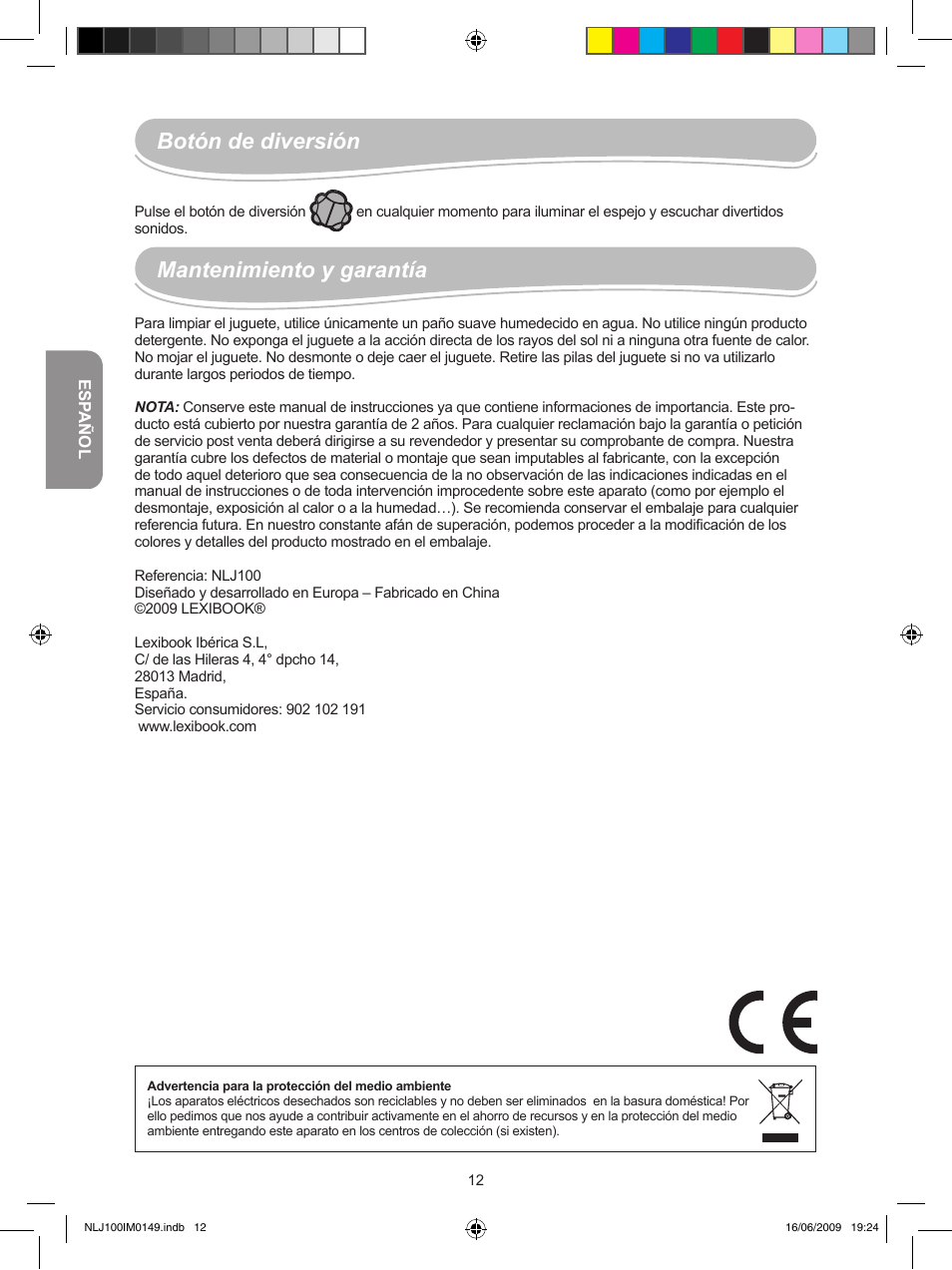Mantenimiento y garantía, Botón de diversión | Lexibook NLJ100 User Manual | Page 12 / 30