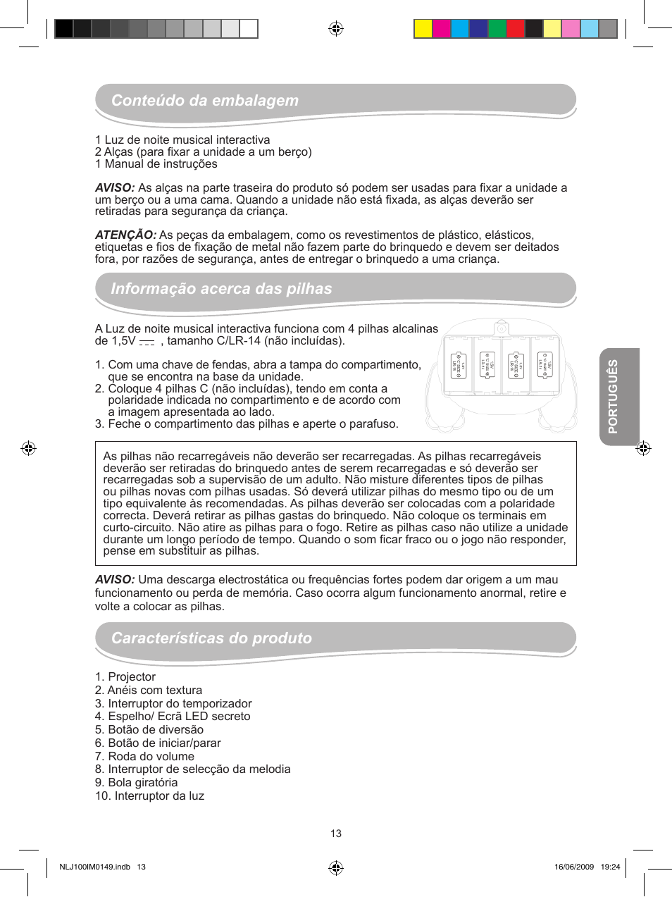 Conteúdo da embalagem, Informação acerca das pilhas, Características do produto | Lexibook NLJ100 User Manual | Page 13 / 30