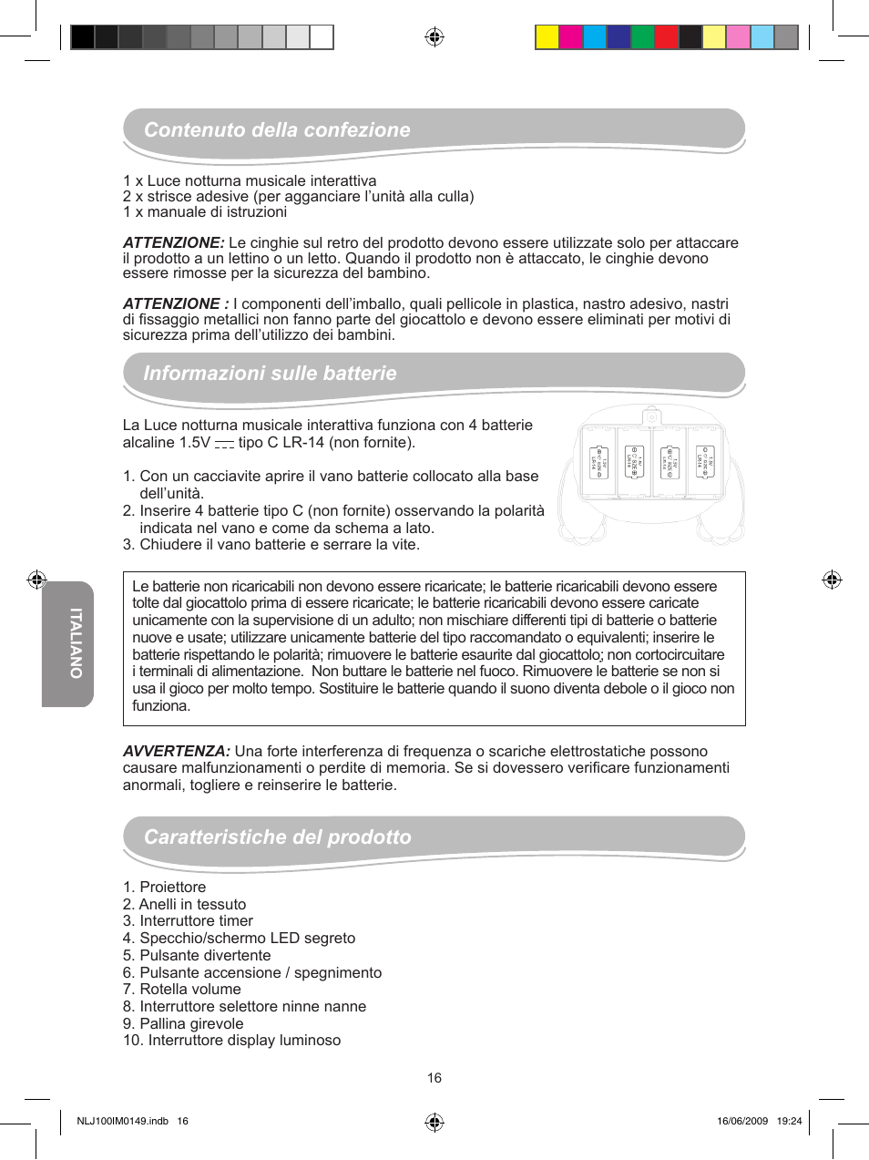Contenuto della confezione, Informazioni sulle batterie, Caratteristiche del prodotto | Lexibook NLJ100 User Manual | Page 16 / 30