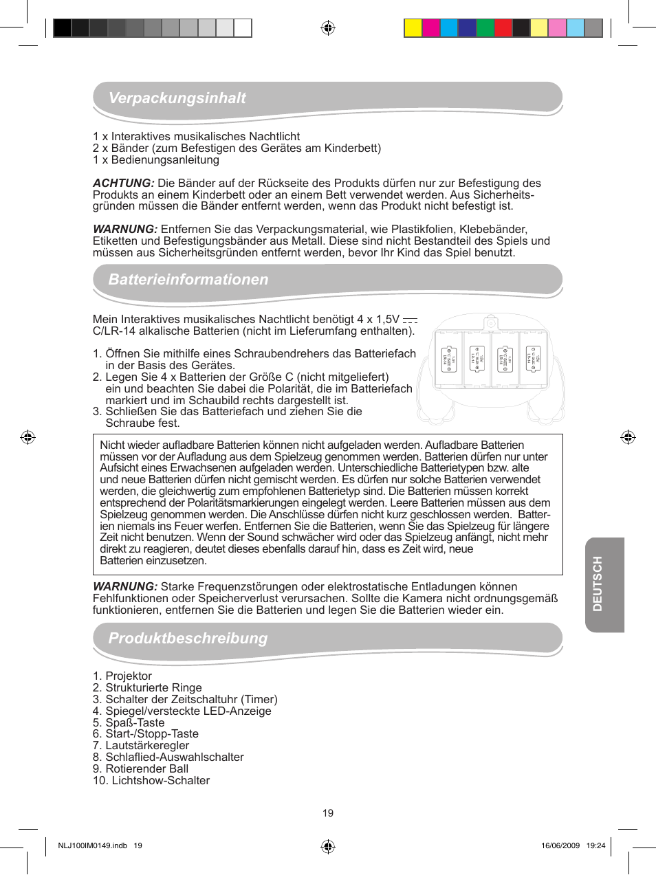 Verpackungsinhalt, Batterieinformationen, Produktbeschreibung | Lexibook NLJ100 User Manual | Page 19 / 30