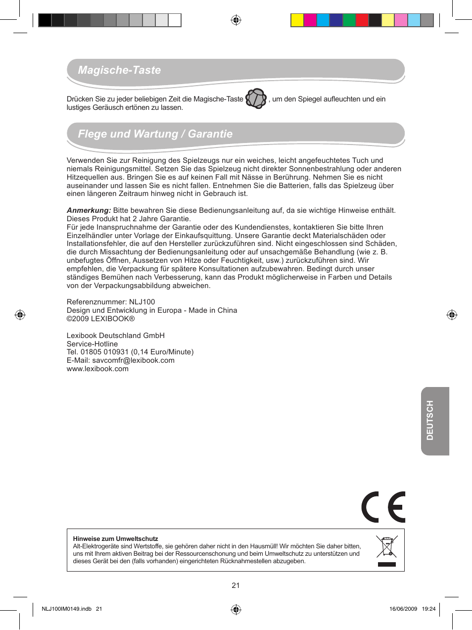 Flege und wartung / garantie, Magische-taste | Lexibook NLJ100 User Manual | Page 21 / 30