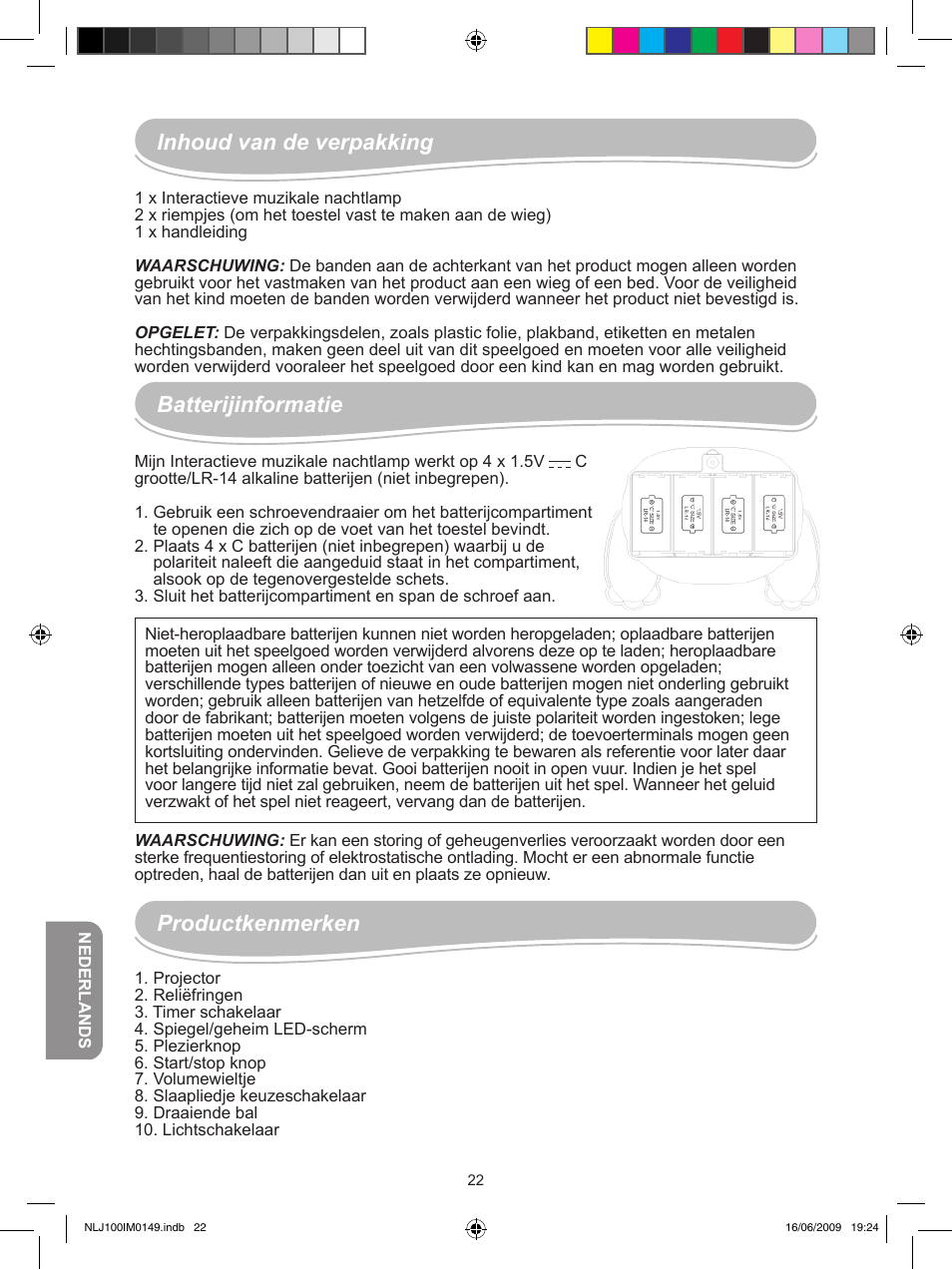 Inhoud van de verpakking, Batterijinformatie, Productkenmerken | Lexibook NLJ100 User Manual | Page 22 / 30