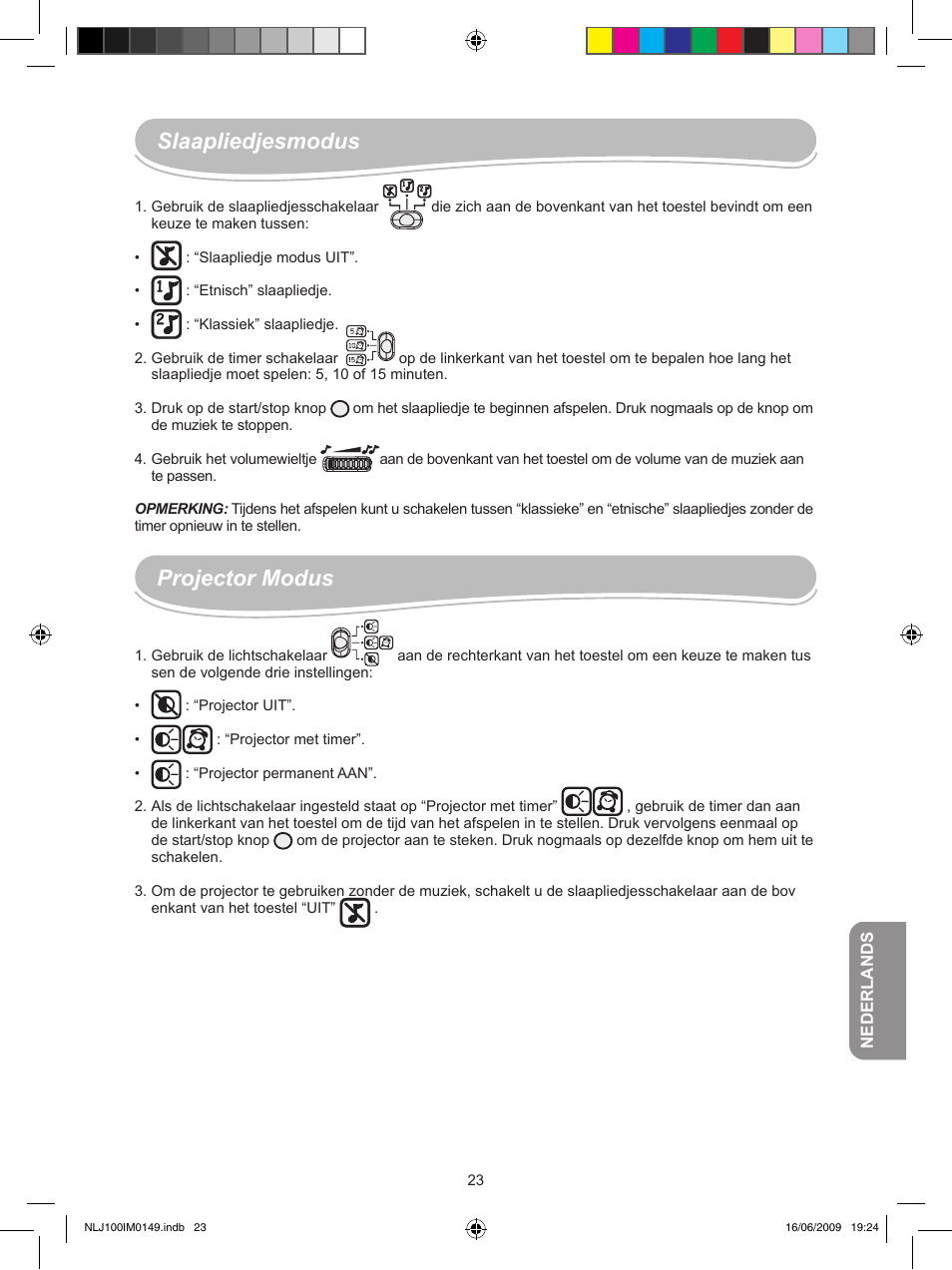 Projector modus, Slaapliedjesmodus | Lexibook NLJ100 User Manual | Page 23 / 30