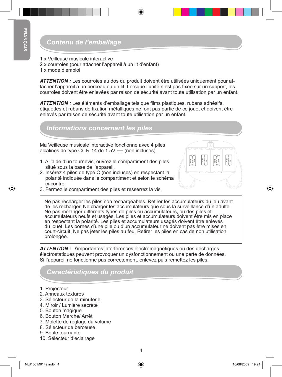 Contenu de l’emballage, Informations concernant les piles, Caractéristiques du produit | Lexibook NLJ100 User Manual | Page 4 / 30