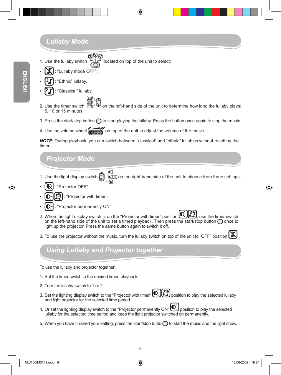 Projector mode, Lullaby mode using lullaby and projector together | Lexibook NLJ100 User Manual | Page 8 / 30