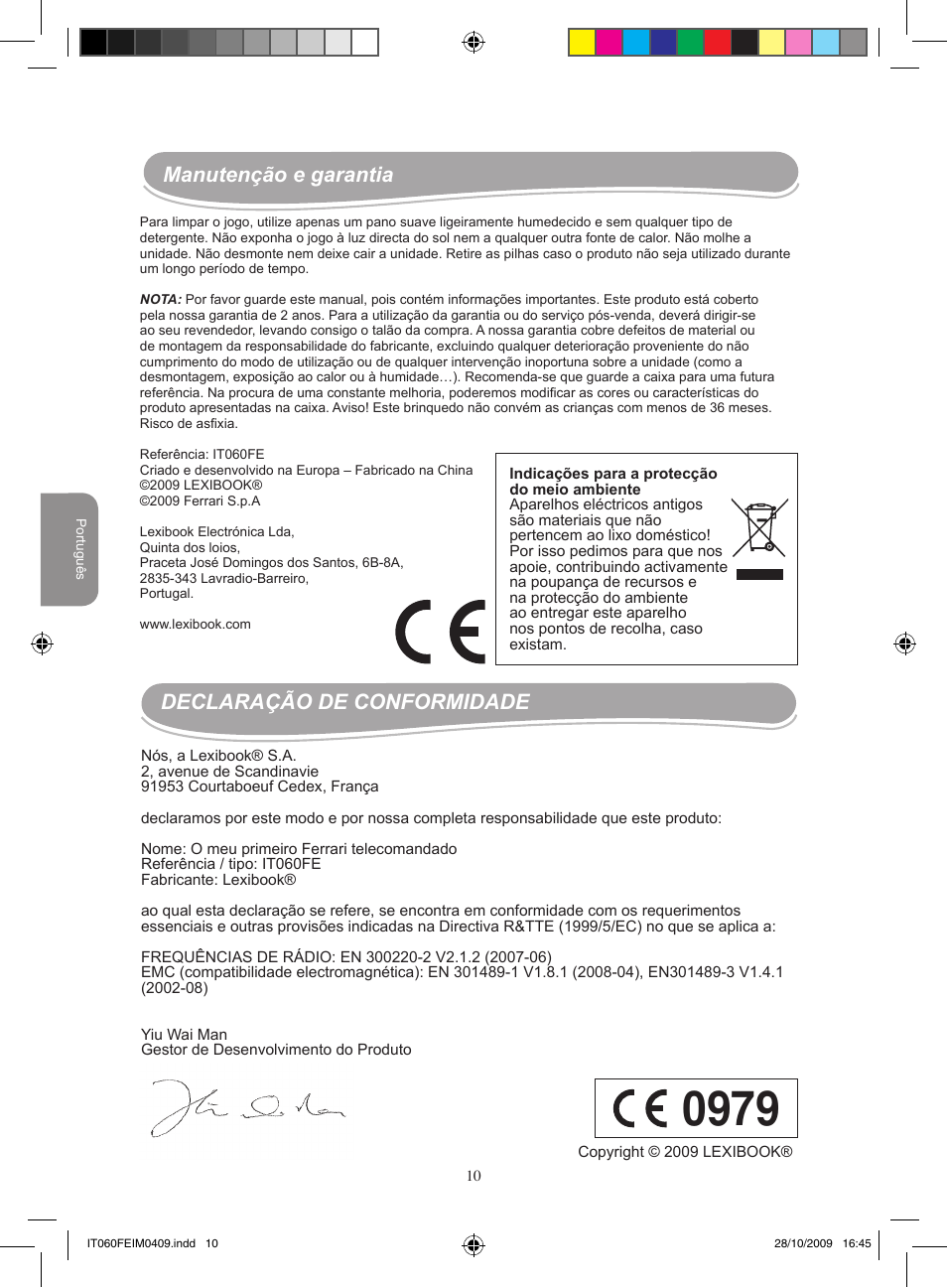 Manutenção e garantia, Declaração de conformidade | Lexibook IT060FE User Manual | Page 10 / 20