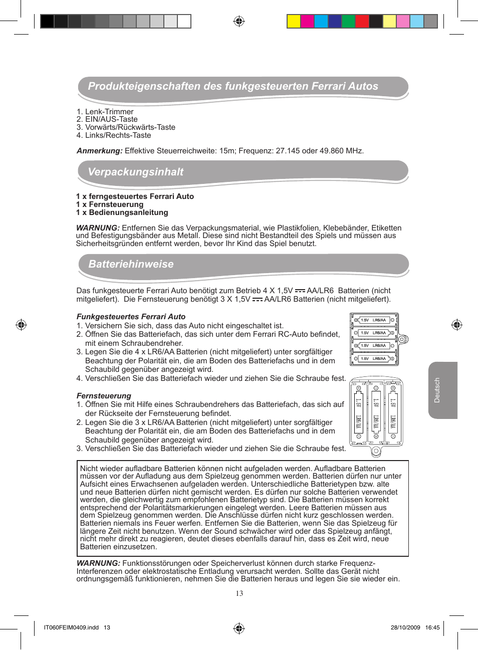 Batteriehinweise | Lexibook IT060FE User Manual | Page 13 / 20