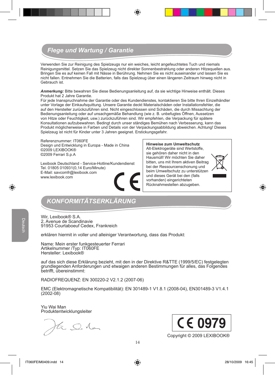 Flege und wartung / garantie, Konformitätserklärung | Lexibook IT060FE User Manual | Page 14 / 20
