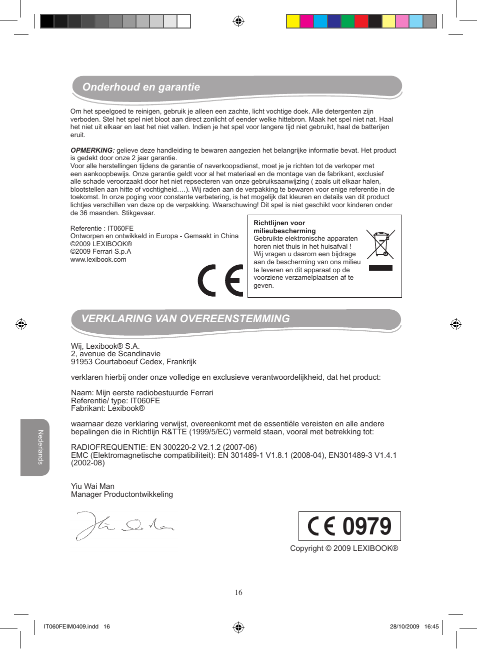 Onderhoud en garantie, Verklaring van overeenstemming | Lexibook IT060FE User Manual | Page 16 / 20