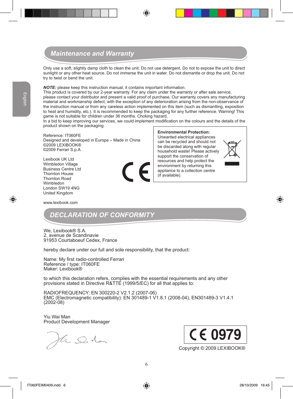 Maintenance and warranty, Declaration of conformity | Lexibook IT060FE User Manual | Page 6 / 20