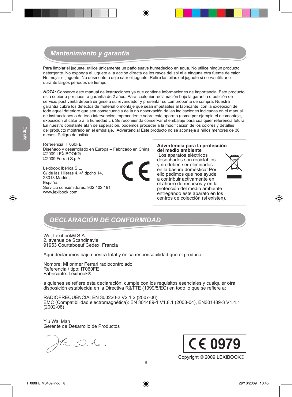 Mantenimiento y garantía, Declaración de conformidad | Lexibook IT060FE User Manual | Page 8 / 20