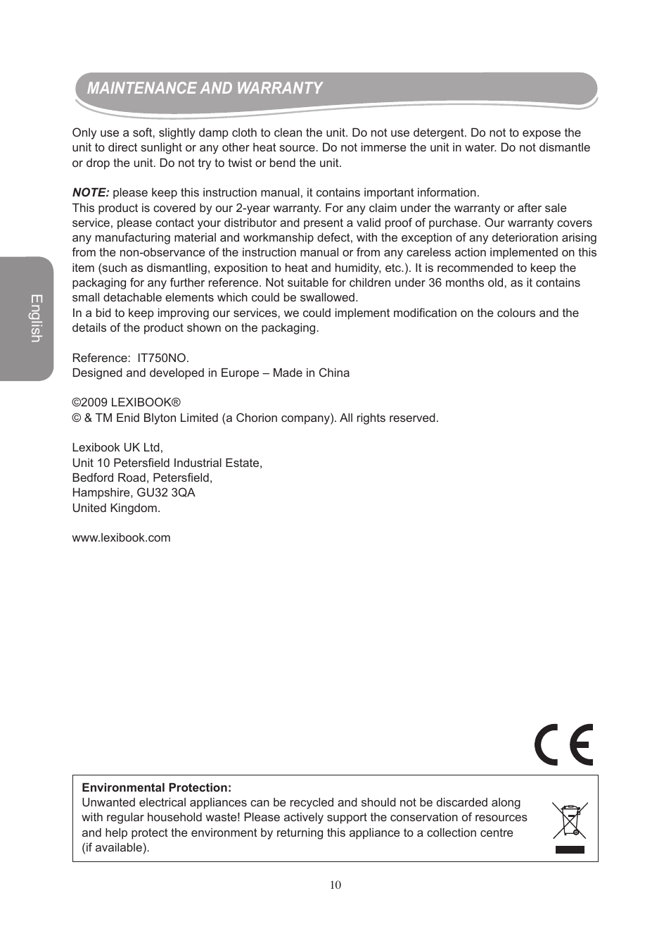 Maintenance and warranty, English | Lexibook IT750NO User Manual | Page 10 / 24