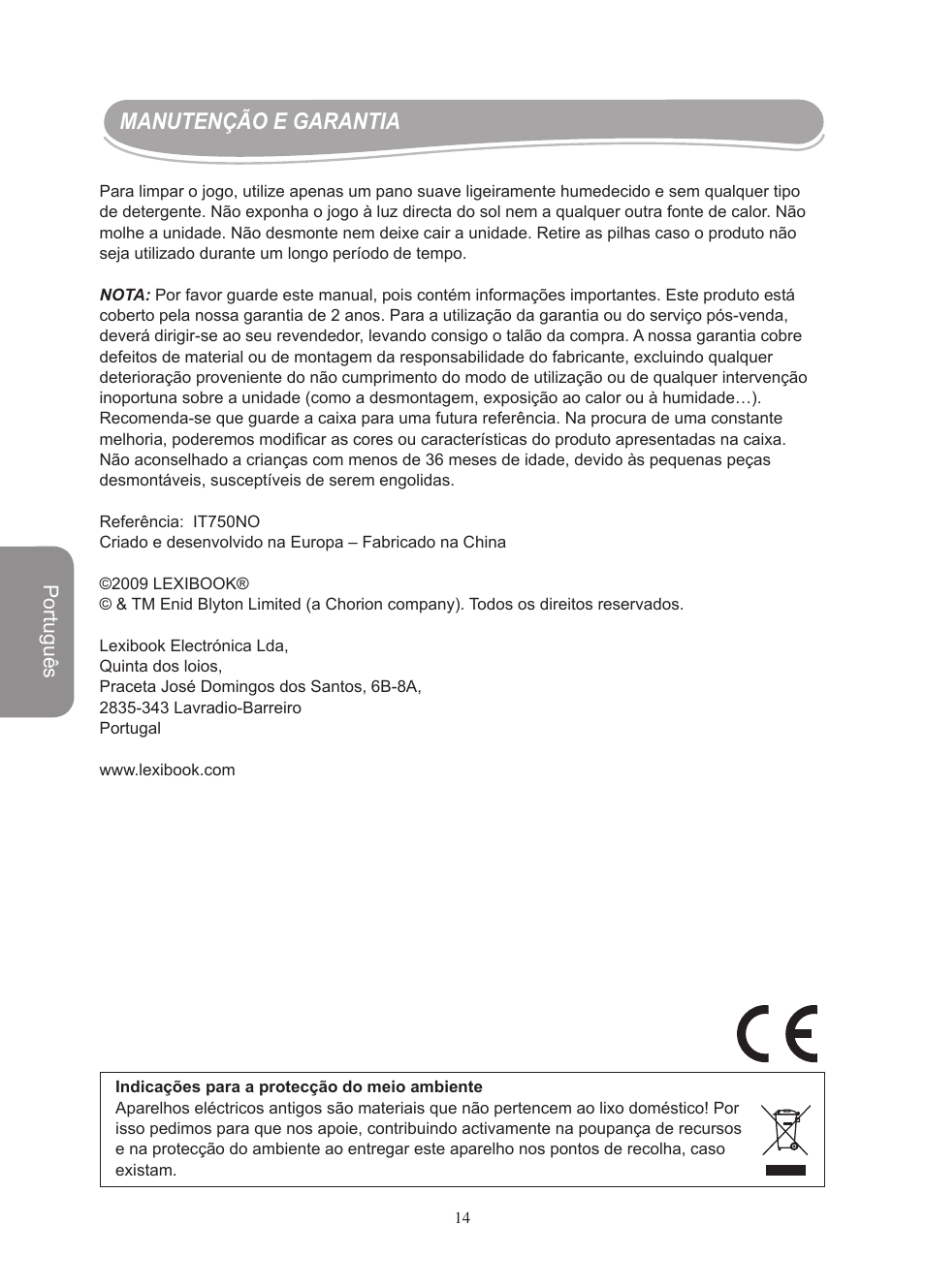 Manutenção e garantia, Português | Lexibook IT750NO User Manual | Page 14 / 24
