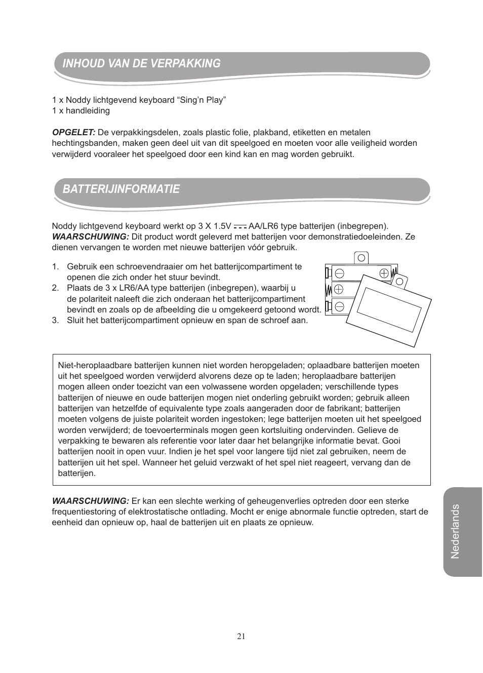 Inhoud van de verpakking batterijinformatie, Nederlands | Lexibook IT750NO User Manual | Page 21 / 24