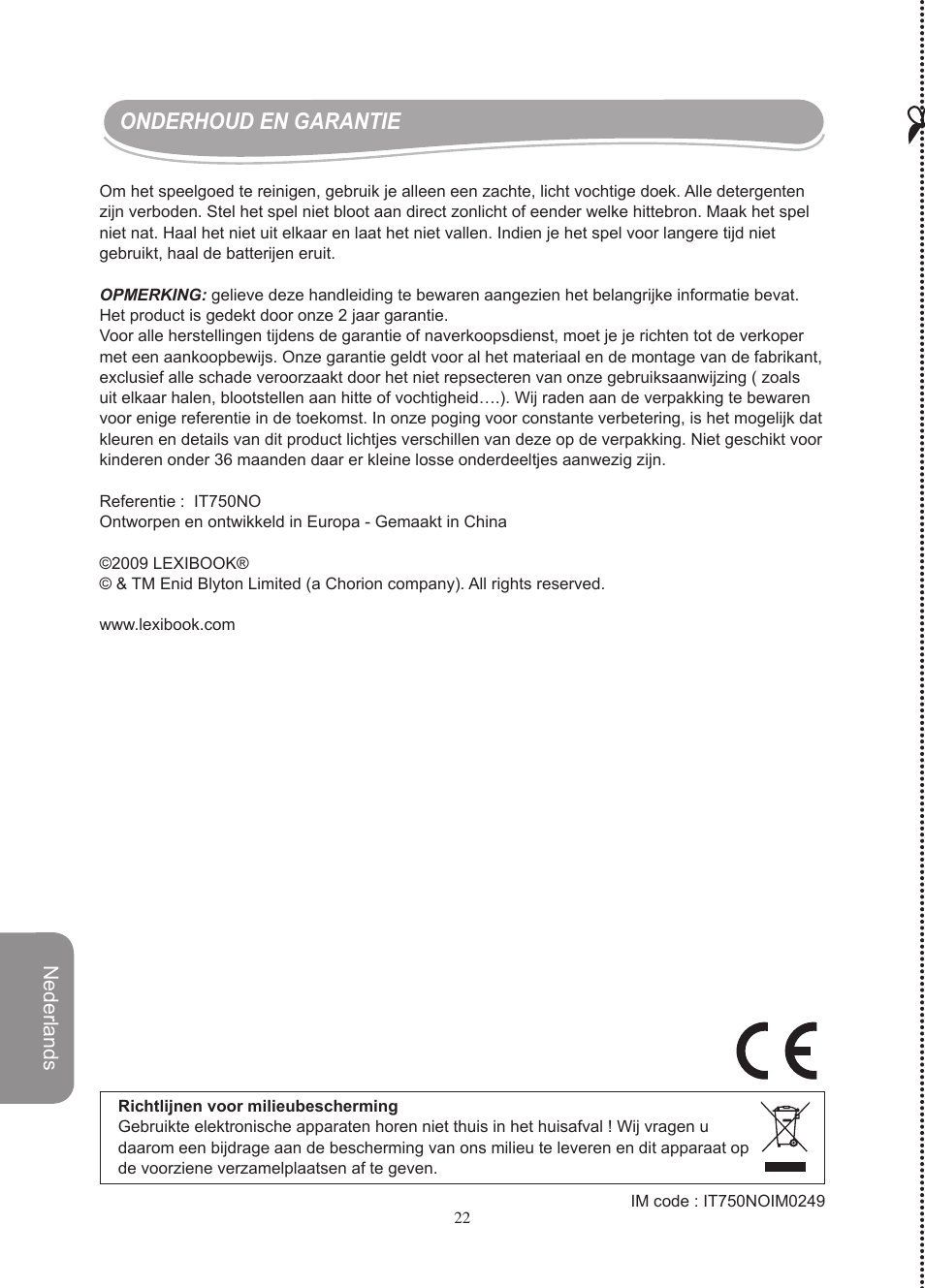 Onderhoud en garantie, Nederlands | Lexibook IT750NO User Manual | Page 22 / 24