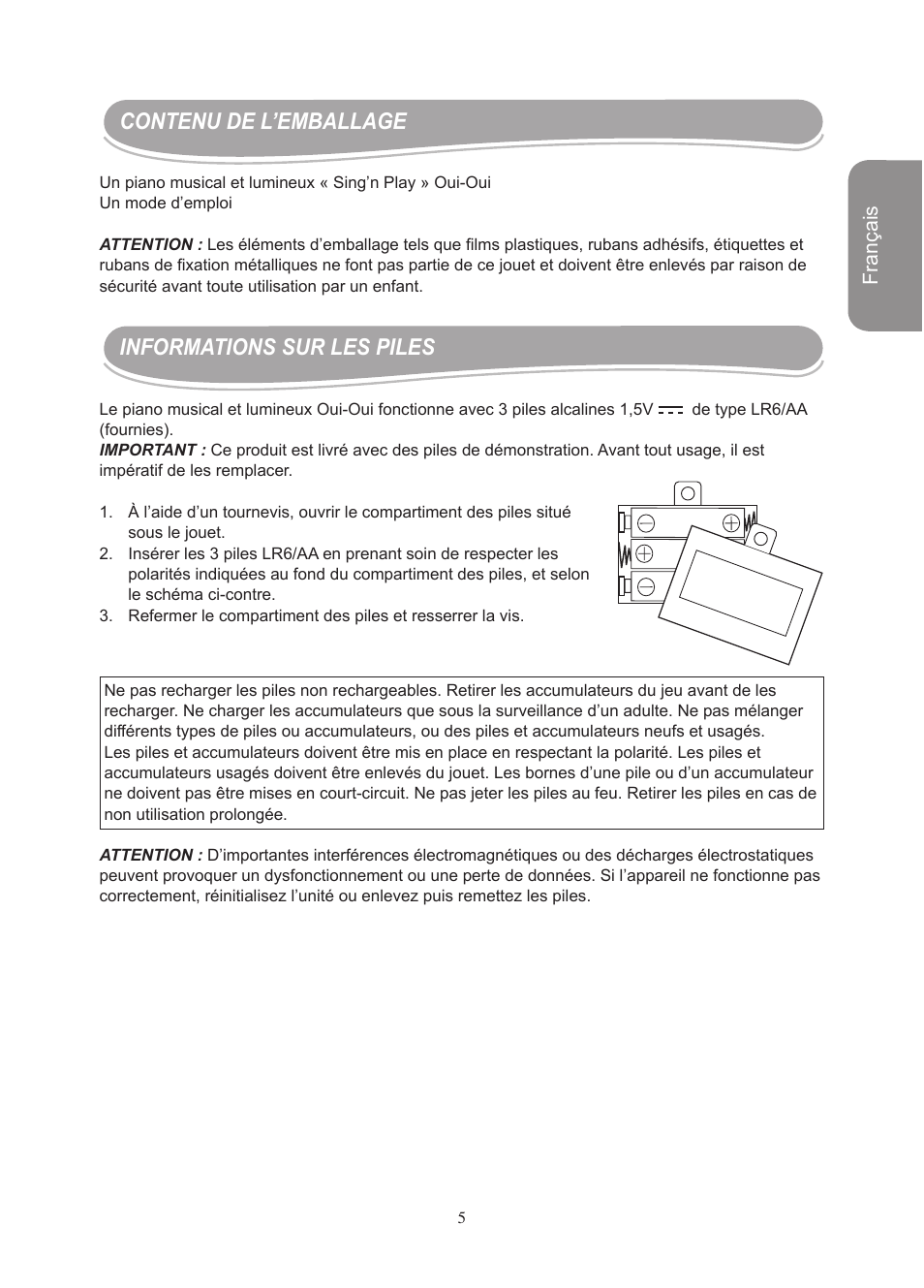 Contenu de l’emballage informations sur les piles, Français | Lexibook IT750NO User Manual | Page 5 / 24