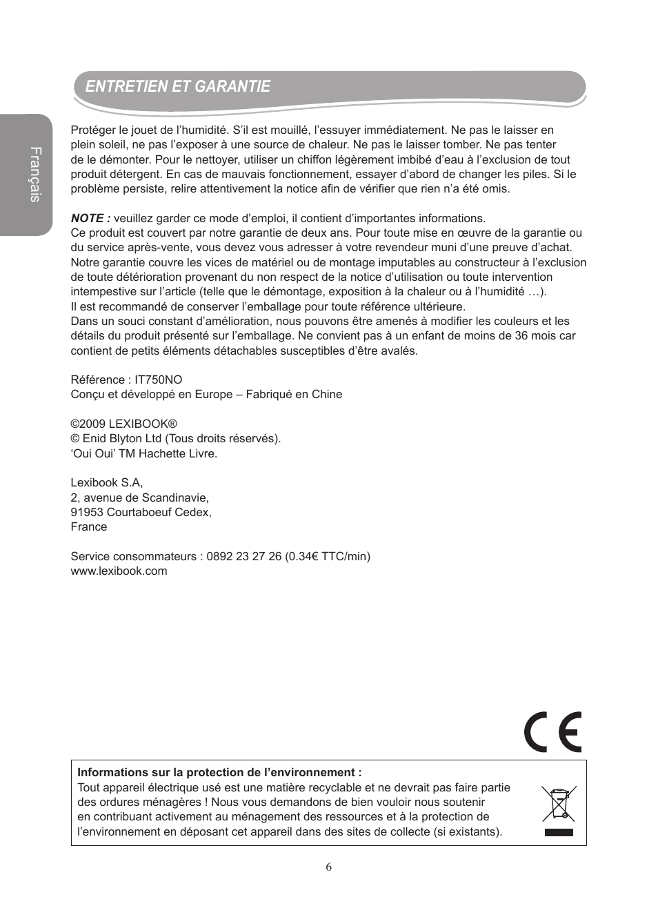 Entretien et garantie, Français | Lexibook IT750NO User Manual | Page 6 / 24