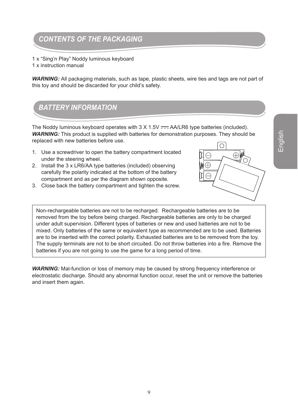 Contents of the packaging battery information | Lexibook IT750NO User Manual | Page 9 / 24