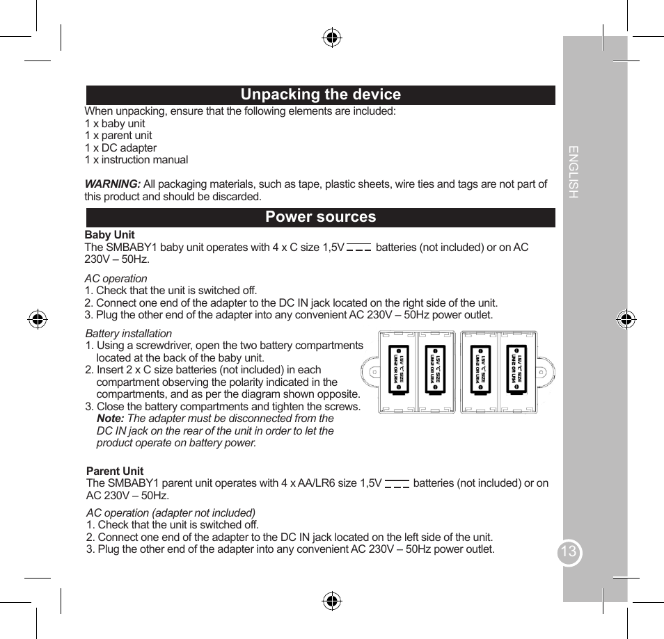 Important safety instructions, Unpacking the device, Power sources | Lexibook SMBABY1 User Manual | Page 13 / 60