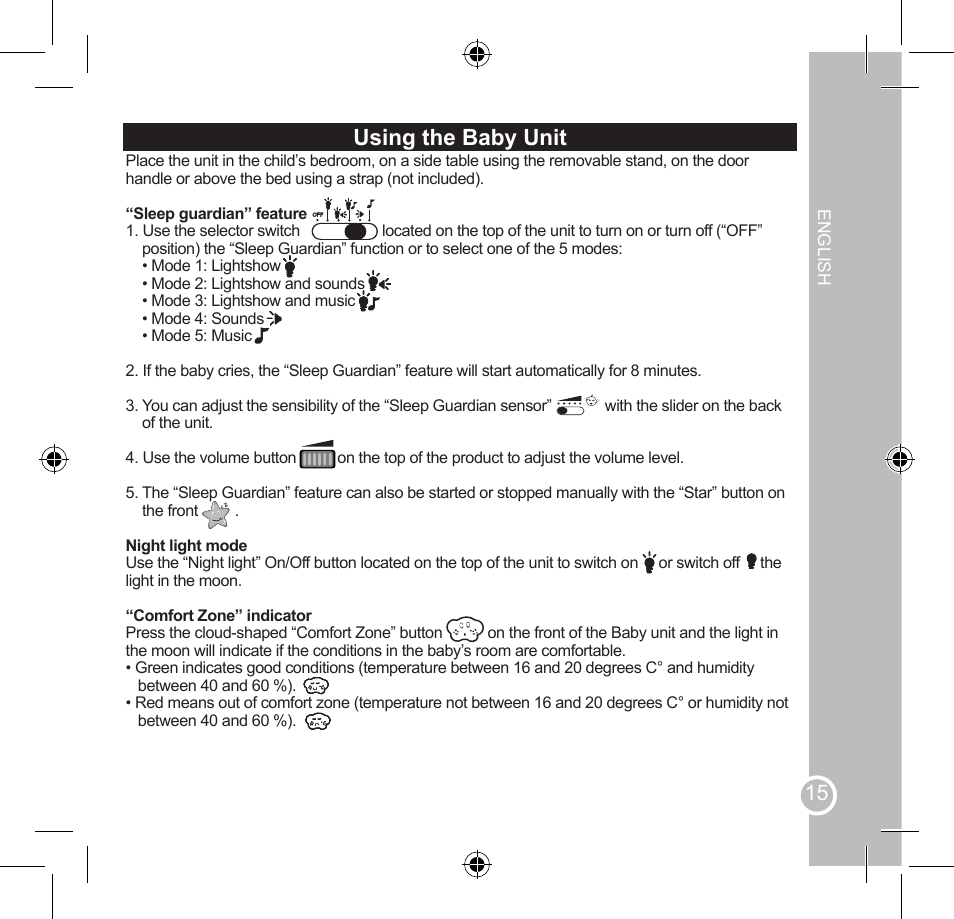 Using the baby unit | Lexibook SMBABY1 User Manual | Page 15 / 60