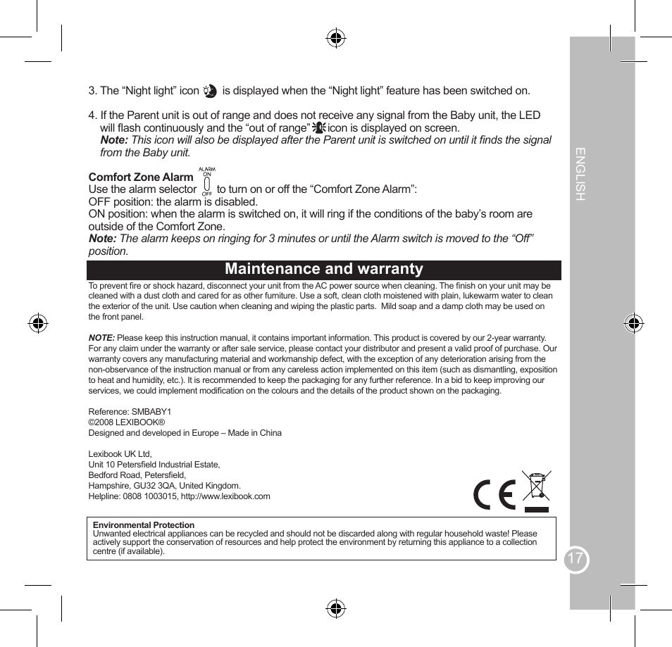 Using the parent unit, Maintenance and warranty | Lexibook SMBABY1 User Manual | Page 17 / 60
