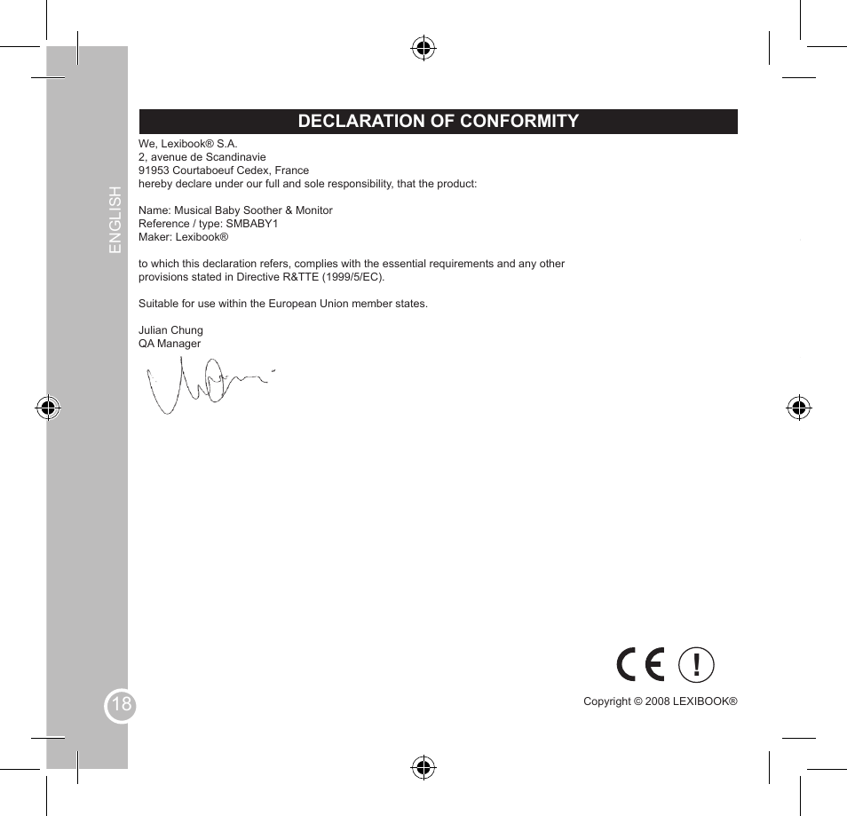 Instrucciones de seguridad, Declaration of conformity | Lexibook SMBABY1 User Manual | Page 18 / 60