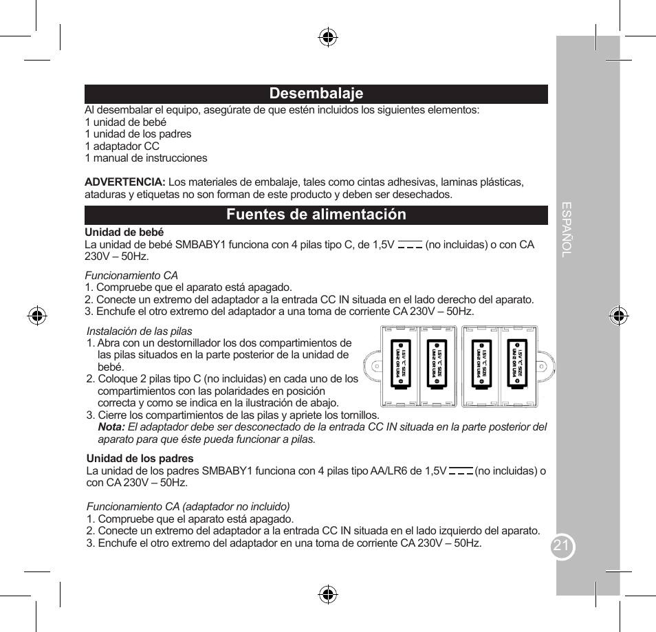 Instrucciones de seguridad importantes, Desembalaje, Fuentes de alimentación | Lexibook SMBABY1 User Manual | Page 21 / 60