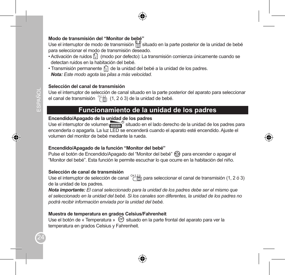Funcionamiento de la unidad de los padres, Mantenimiento y garantía | Lexibook SMBABY1 User Manual | Page 24 / 60