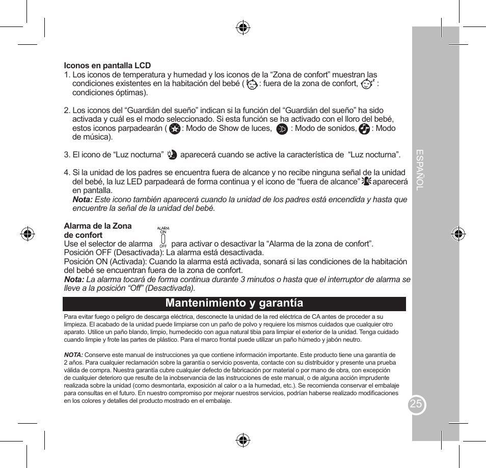 Funcionamiento de la unidad de los padres, Mantenimiento y garantía | Lexibook SMBABY1 User Manual | Page 25 / 60
