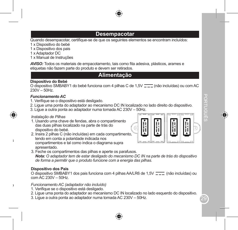 Regras de segurança importantes, Desempacotar, Alimentação | Lexibook SMBABY1 User Manual | Page 29 / 60