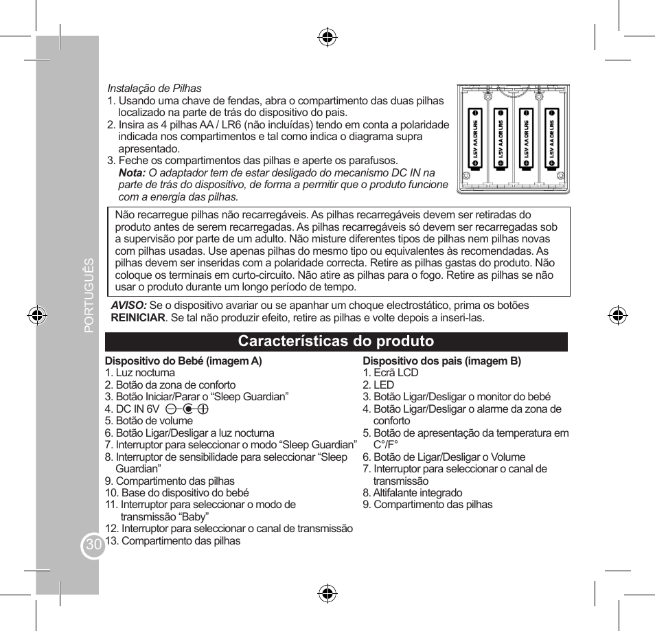 Características do produto, Usar o dispositivo do bebé | Lexibook SMBABY1 User Manual | Page 30 / 60