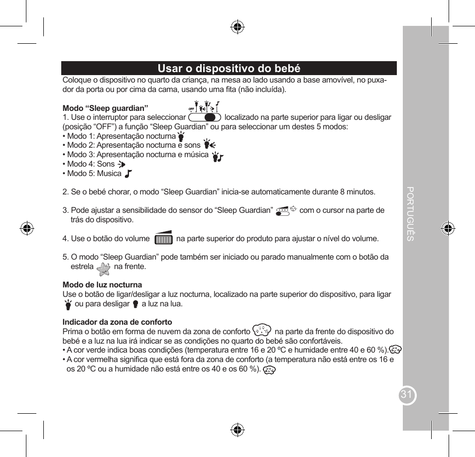 Usar o dispositivo do bebé | Lexibook SMBABY1 User Manual | Page 31 / 60