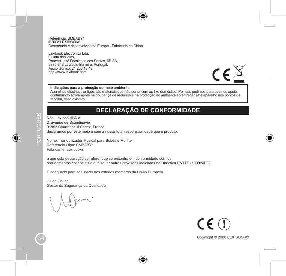 Istruzioni di sicurezza, Declaração de conformidade | Lexibook SMBABY1 User Manual | Page 34 / 60