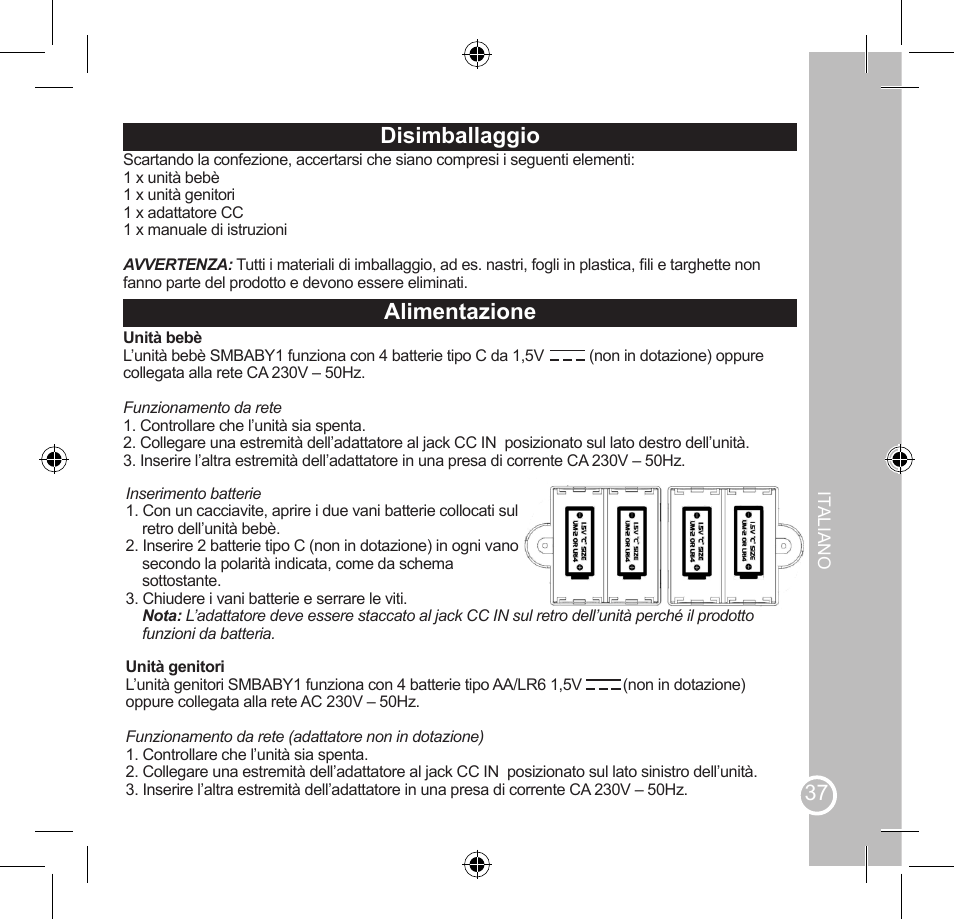 Importanti istruzioni di sicurezza, Disimballaggio, Alimentazione | Lexibook SMBABY1 User Manual | Page 37 / 60