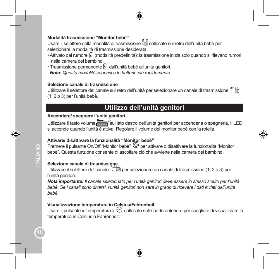 Utilizzo dell’unità genitori, Manutenzione e garanzia | Lexibook SMBABY1 User Manual | Page 40 / 60