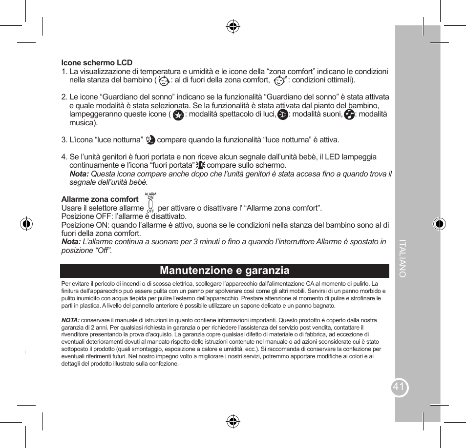 Utilizzo dell’unità genitori, Manutenzione e garanzia | Lexibook SMBABY1 User Manual | Page 41 / 60