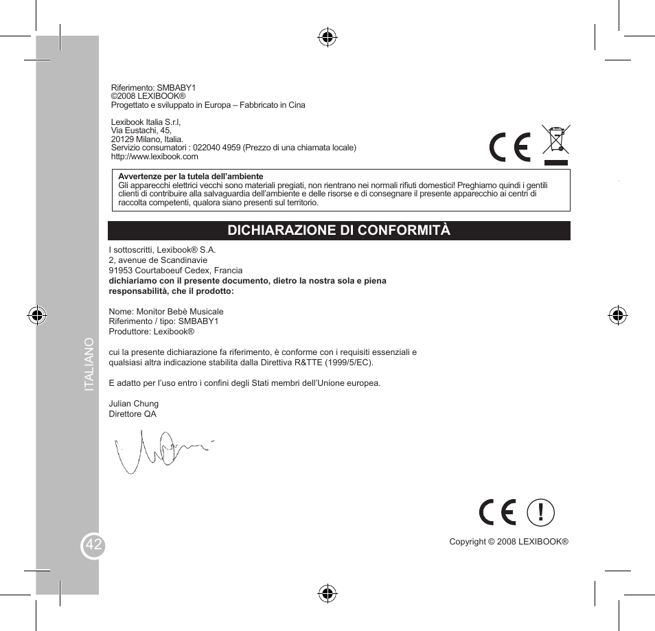 Sicherheitsanweisungen, Dichiarazione di conformità | Lexibook SMBABY1 User Manual | Page 42 / 60