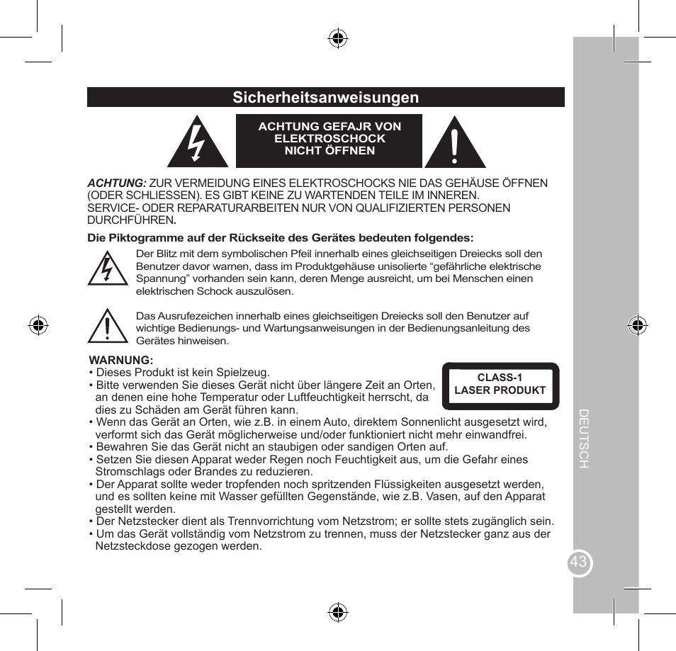 Sicherheitsanweisungen, Dichiarazione di conformità | Lexibook SMBABY1 User Manual | Page 43 / 60