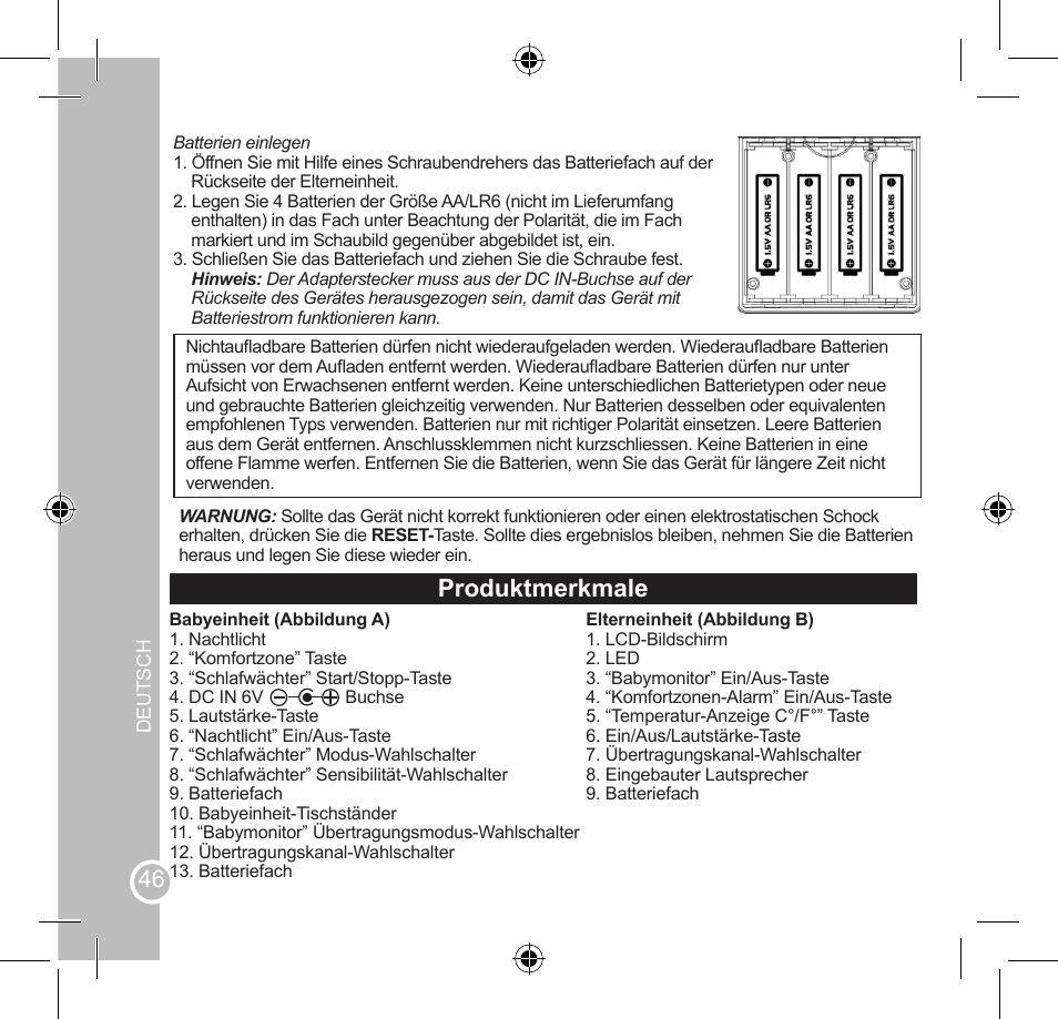 Produktmerkmale, Benutzung der babyeinheit | Lexibook SMBABY1 User Manual | Page 46 / 60